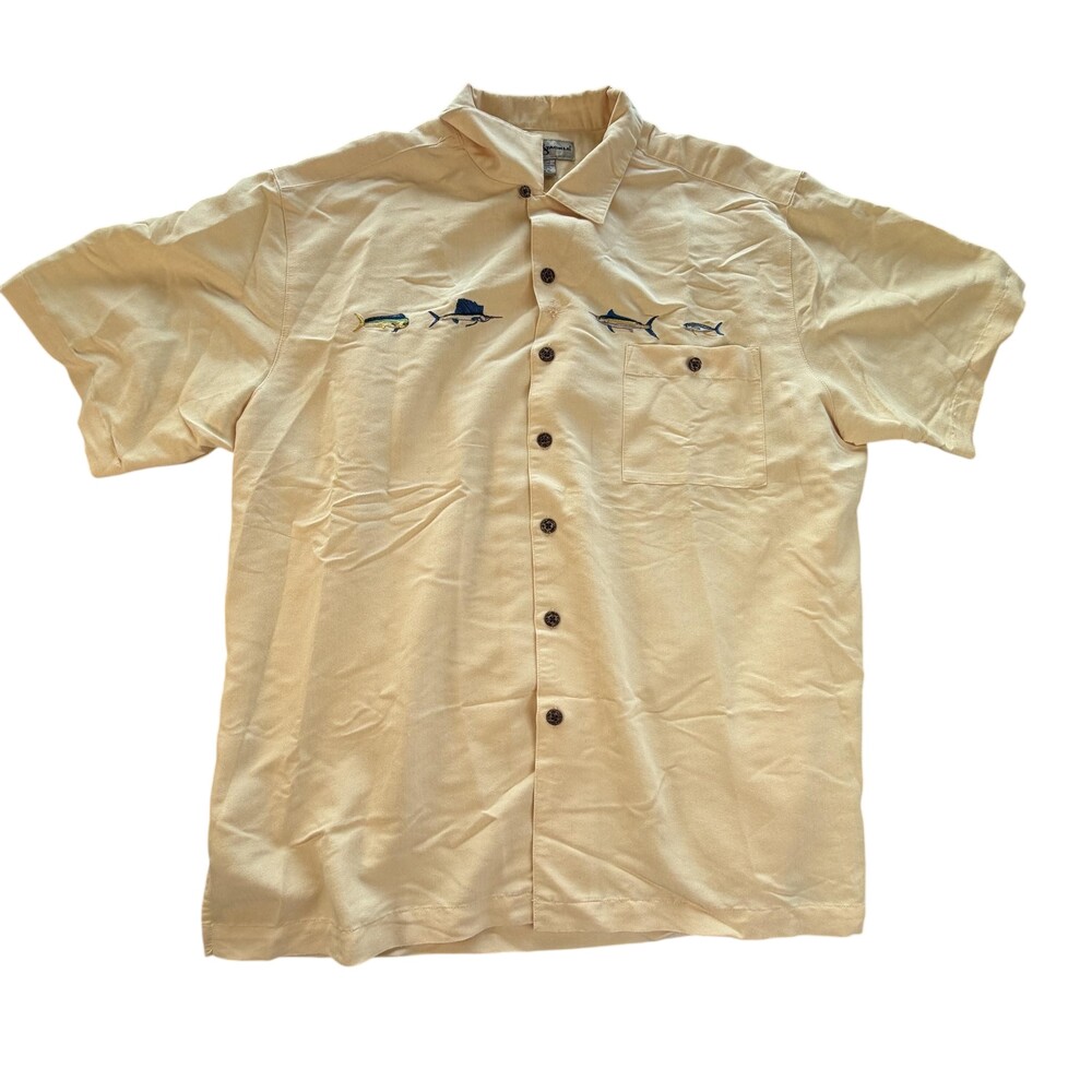 Hook & Tackle Shirt Mens XL Yellow Fish Embroidered Short Sleeve Button Front